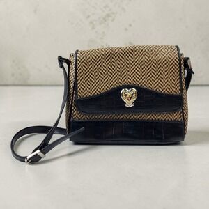 Marlo Crossbody Bag Brown Black Woven Chevron Faux Croc Heart Vintage Style